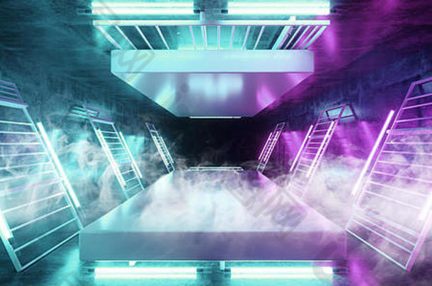 烟雾舞台舞蹈霓虹灯激光紫外紫粉色蓝色荧光科幻未来派复古灯管场景垃圾混凝土反射平台