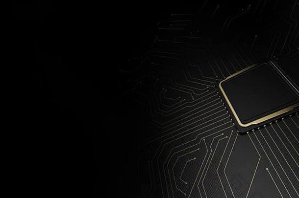 黑色背景上的CPU金色电路板-3D插图