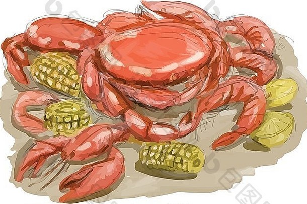 水彩sytle插图，以孤立的白色背景为背景，以柠檬和玉米芯为背景，展示卡津海鲜虾、小龙虾和螃蟹。