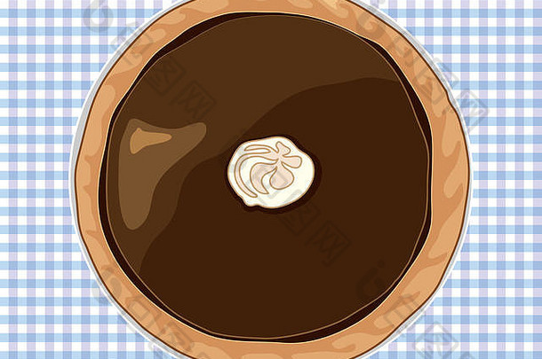 蓝色格纹桌布上的黑巧克力馅饼和糕点外壳的插图