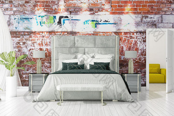 卧室的现代室内设计时尚，植物和文案空间水平布置。三维渲染。
