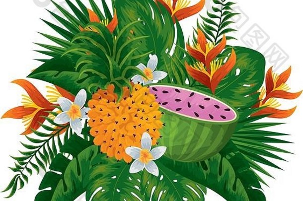 带有花卉装饰的热带西瓜和菠萝
