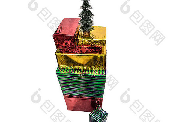 白色背景上的绿色、红色和金色包装礼盒上的圣诞松树