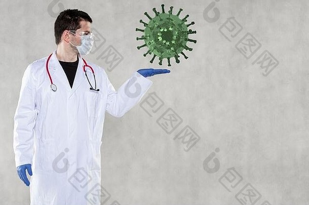 病毒悬在医生手上的概念
