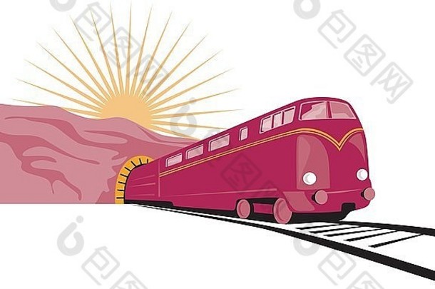 以复古风格完成的背景为阳光的火车驶出隧道的插图。