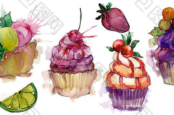 水彩画风格的美味蛋糕。Aquarelle甜点插图套装。独立甜点背景元素。