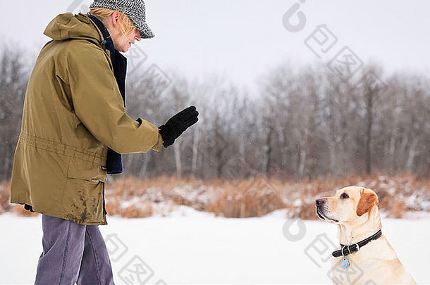 一名女子训练她的黄色拉布拉多猎犬留下来