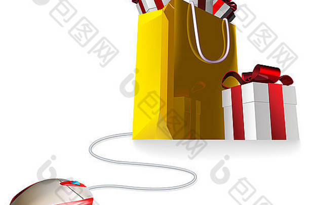 鼠标附加购物袋礼物概念购买礼物在线购物奖励在线购物