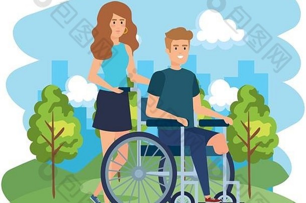 轮椅上的年轻男子和女助手