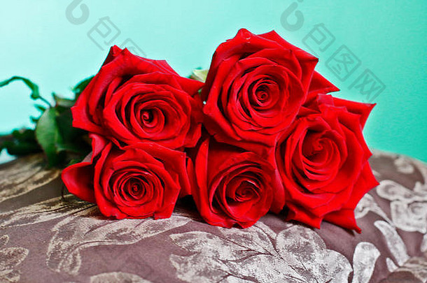 枕头上放着一束美丽的深红色玫瑰。特写镜头。情人节快乐，婚礼，爱情，生日贺卡背景，壁纸，礼物。