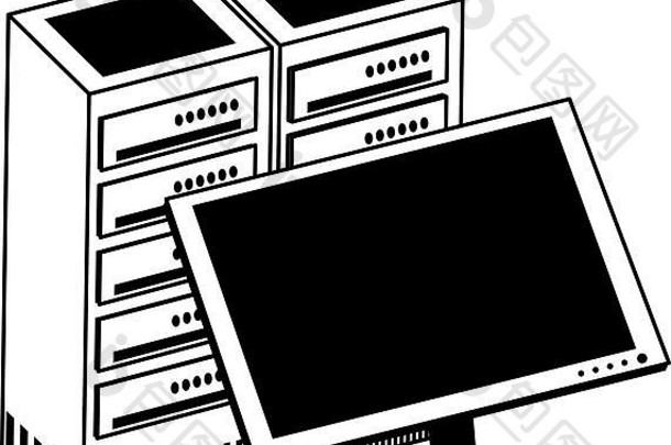 计算机显示器和服务器数据库的黑白显示
