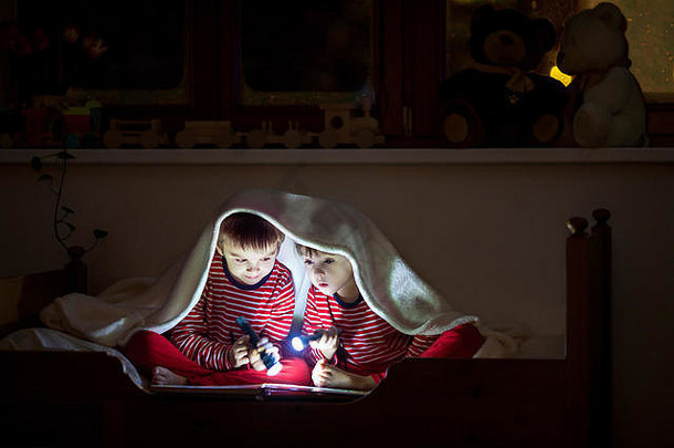 两个可爱的男孩，睡后在床上看书，用手电筒，冬夜