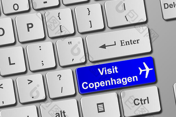 访问哥本哈根蓝色的键盘按钮买在线票概念访问哥本哈根