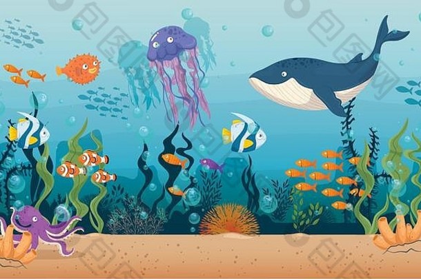 <strong>蓝鲸</strong>与海洋中的鱼类和野生海洋动物，海洋世界的居民，可爱的水下生物，栖息地海洋概念