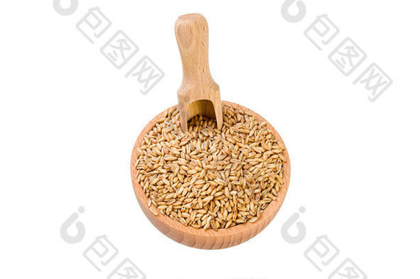 木碗和勺子中的燕麦在白色背景上分离。营养生物天然食品成分。