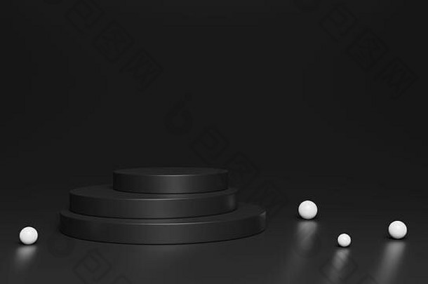 产品展示的现代黑色平台。带有白色球体的圆柱体形状。黑色背景。空舞台。3d渲染插图。