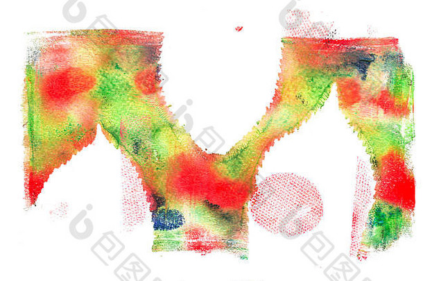 水彩纸背景上的手工抽象多媒体设计，由绿色和红色颜料制成