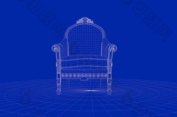 蓝色背景上轮廓椅子对象的三维渲染