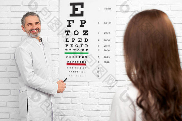 快乐的ophtalmologist检查视力病人诊所医生穿白色医疗统一的女人微笑站眼睛测试图表
