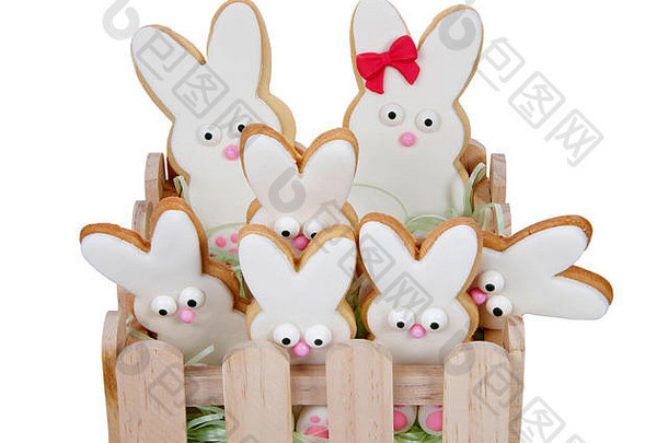 复活节兔子糖饼干自制的覆盖首页使棉花糖根据装饰糖果眼睛鼻子脚弓大小小兔子