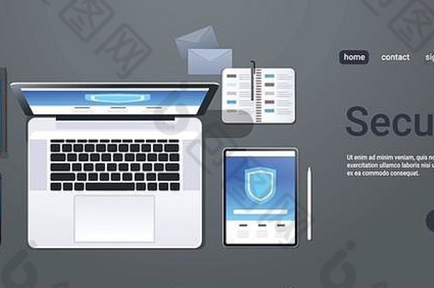 数据保护互联网安全屏蔽隐私信息安全概念俯视桌面笔记本电脑平板电脑智能手机屏幕安全访问