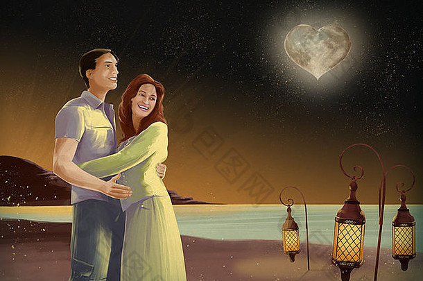 夜晚，情侣们在海滩上拥抱心形月亮的插图