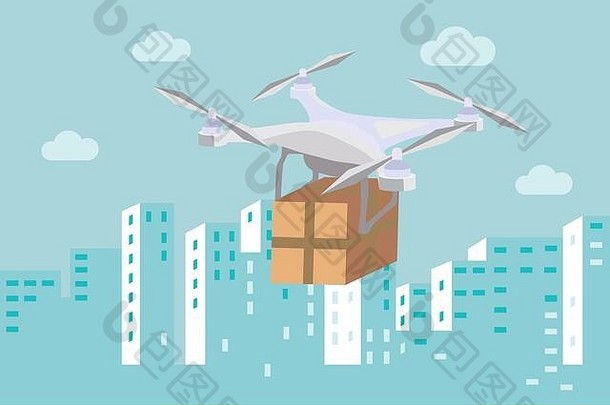 包裹箱在城市背景下飞行的无人机。快捷便利的交通和配送服务理念