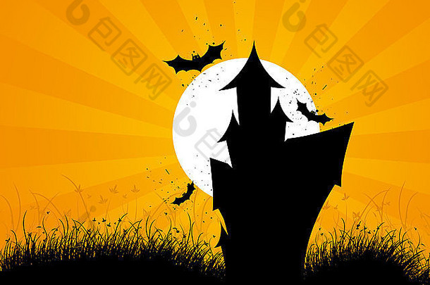 万圣节夜晚的背景与房子月亮蝙蝠和草