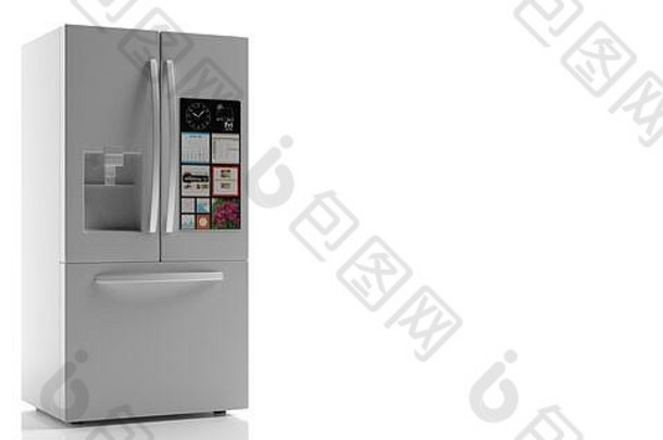 冰箱智能电器，冰箱。家用金属银并排冰箱，白色背景，复印空间。三维插图