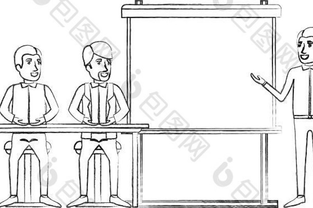 模糊的轮廓一对男子坐在一张桌子上，为商务人士演讲的执行讲师
