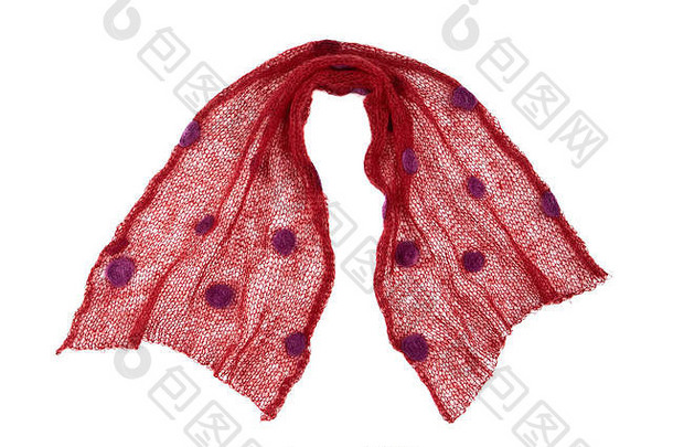 由白色背景上的红点针织马海毛织物制成的围巾，隔离