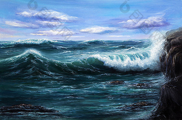 原始石油绘画显示强大的风暴海洋海帆布现代印象主义现代主义marinism