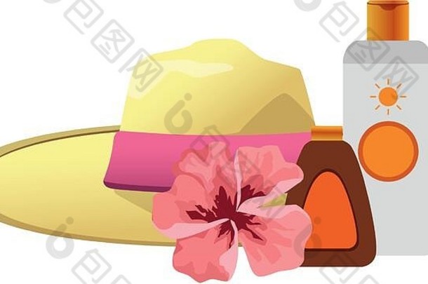 沙滩帽，带花朵和太阳古铜色瓶子