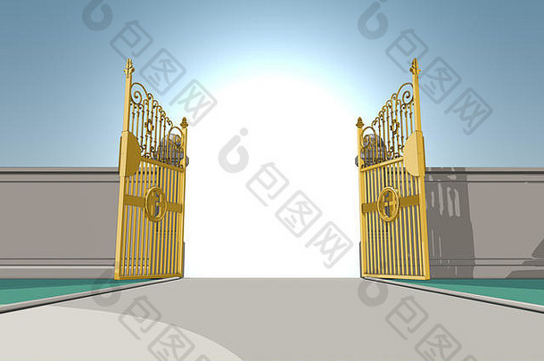 一个在蓝天背景上完全打开的金色珍珠天堂之门的插图描述-3D渲染
