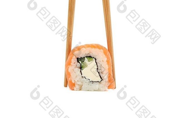 筷子寿司卷孤立的白色背景