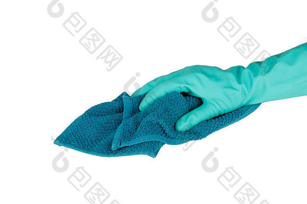手戴厨房手套，手持擦拭布进行清洁，隔离在白色背景上。