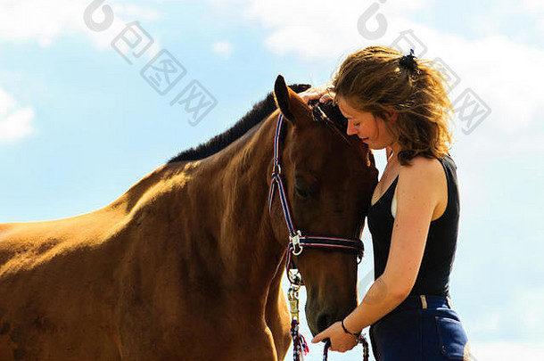 爱护动物，爱和友谊的理念。在阳光明媚的日子里，年轻的骑师亲吻并拥抱着棕色的马