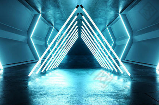 三角形未来主义的sci外星人宇宙飞船霓虹灯激光领导蓝色的发光的隧道金属反射难看的东西混凝土地板上湿门虚拟现实荧光