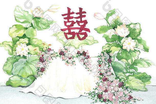 婚宴桌上的装饰是鱼类星座的新婚主题。婚礼室内水彩素描。象形文字-鱼。