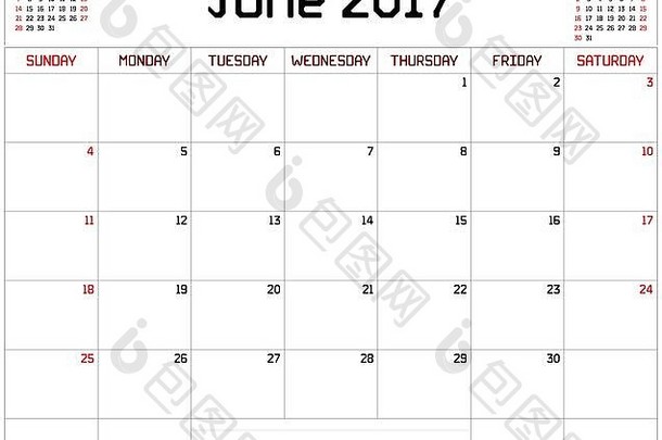 2017年6月的<strong>月度</strong>计划日历（白色）。使用自定义的直线粗字体。