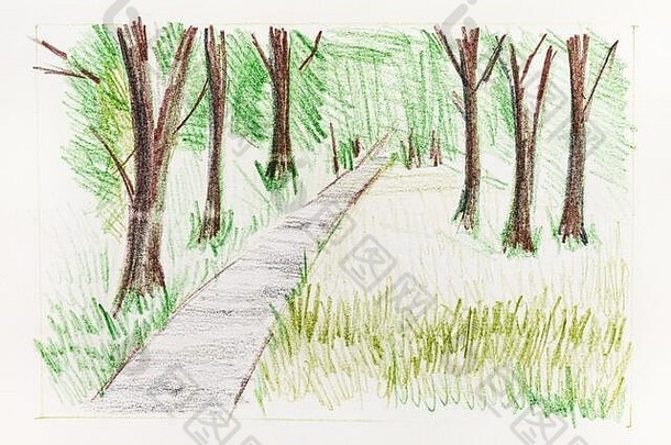 用彩色铅笔在奶油纸上手工绘制的夏季城市公园步行道草图