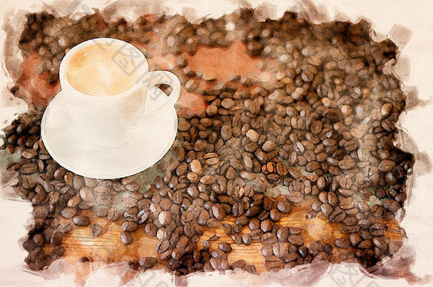杯咖啡咖啡豆子水彩画