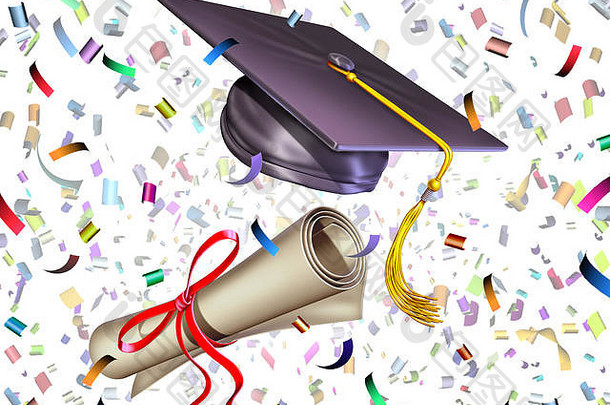 毕业教育庆祝仪式就像一个迫击炮板或毕业帽和毕业证书被抛在空中，伴随着派对的五彩纸屑。