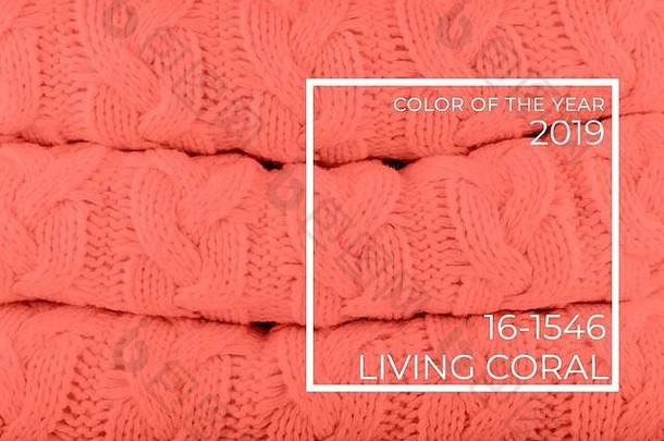 2019年度活珊瑚色针织毛绒。温馨舒适的家居和时尚色彩概念。水平的