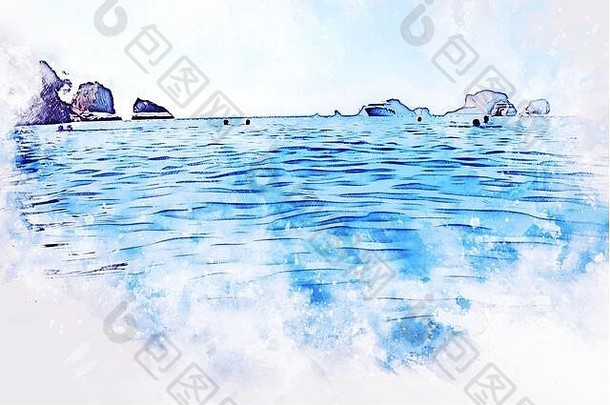摘要色彩斑斓的山峰软波海水水彩插图绘画背景
