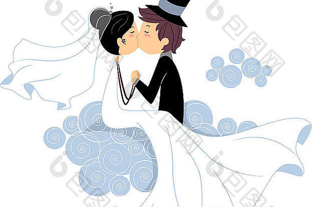 新婚夫妇共享亲吻的插图