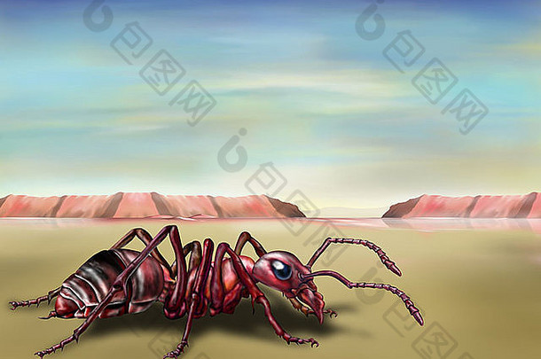 沙漠景观中蚂蚁的超现实主义插图