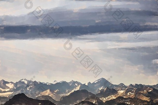水彩画插图：从祖格斯皮茨山俯瞰奥地利和瑞士阿尔卑斯山，在崎岖的山峦上俯瞰壮观的天空。