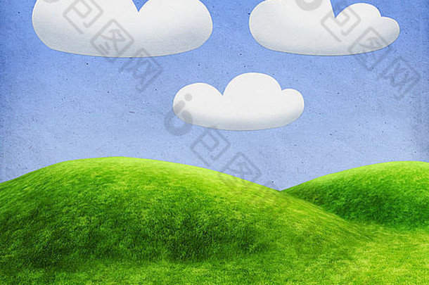 绿色山纸多云的天空