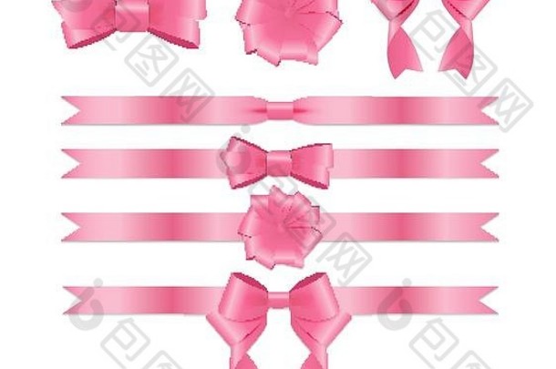 粉色丝带和蝴蝶结套装，用于生日圣诞礼品盒。雷亚